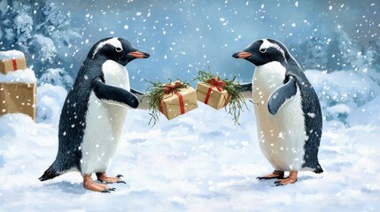 Obraz premium Penguins exchanging gifts in a snowy landscape, each one receiving a little present wrapped in seaweed.