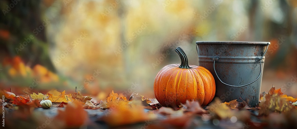 Leinwandbilder A fall themed backdrop highlighting a small pumpkin in sharp focus while a bucket and autumn leaves are blurred in the background. with copy space image. Place for adding text or design