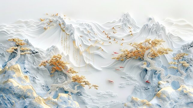 painting of golden mountains and birds hanging on trees in paper carving style