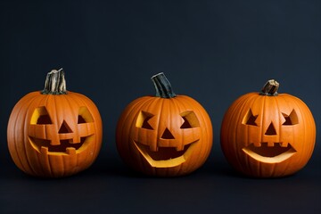 Halloween pumpkin with carved face on dark background 