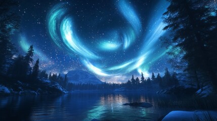 Fototapeta premium A breathtaking view of the northern lights over a tranquil lake. Vibrant colors dance in the night sky. Perfect for nature lovers and scenic landscapes. Enjoy the beauty of this magical moment. AI