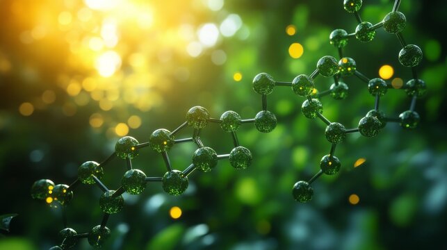 A green chemistry process converts materials sustainably, highlighting molecular structures with sunlight in a lush environment.