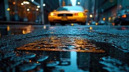 Low-angle shot of a yellow taxi on a wet city street, with rain-soaked pavement and blurred city lights, capturing a moody urban atmosphere.