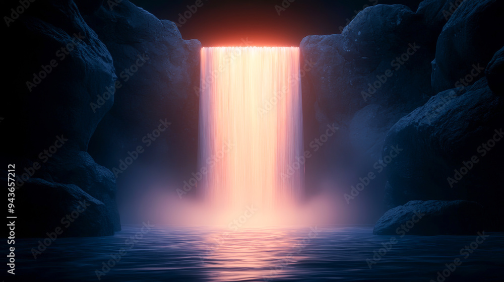 Poster a serene waterfall cascading down rocks, illuminated by soft light, creating a magical and tranquil 