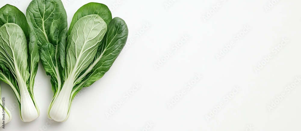 Poster pok choi on a white backdrop. with copy space image. place for adding text or design