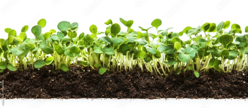 Poster Close up of micro green pea sprouts in a pot with soil on a white background Represents healthy food and lifestyle. with copy space image. Place for adding text or design