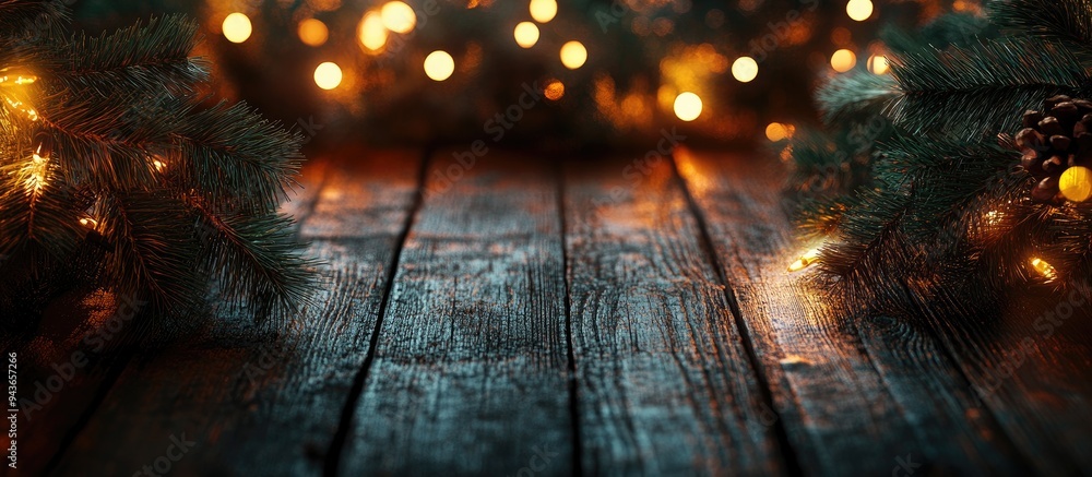 Poster Toned photo on a wooden surface featuring a burning garland and spruce branches. with copy space image. Place for adding text or design