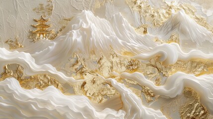 ayered paper art, fluid art,Chinese embroidercraft of a golden-white mountain with pavilions
