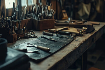 Shoemaker's work desk. Tools and leather at cobbler workplace. Set of leather craft tools on wooden background. Shoes maker tools on wooden table
