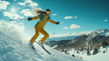 Skier in yellow ski suit skiing on a beautiful slope