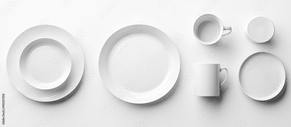 Poster ceramic tableware design blank plates and mugs on a white background top view copyspace