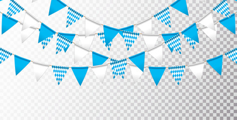 Blue and White Bavaria Party Flag Garland Isolated on Clean Background. Vector Oktoberfest Illustration for Traditional German Beer Festival. Holiday Celebration Flyer Design Template for Banner