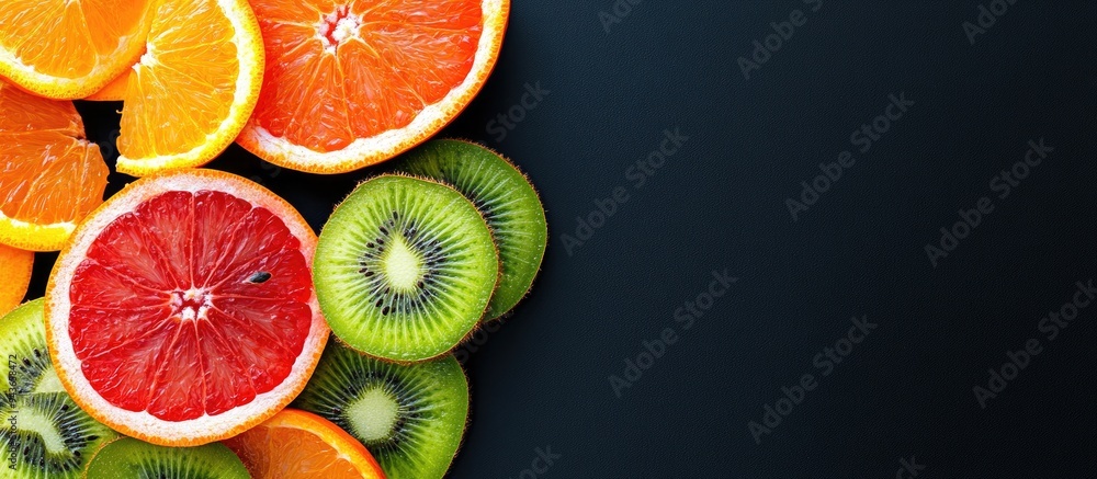 Poster flat lay top view sliced vibrant fresh fruits kiwi orange grapefruit and mandarin on a black backgro