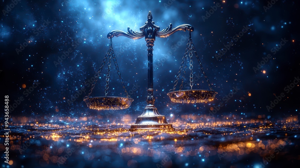 Poster the digital scales of justice against the backdrop of data and code symbolize the rule of law in the
