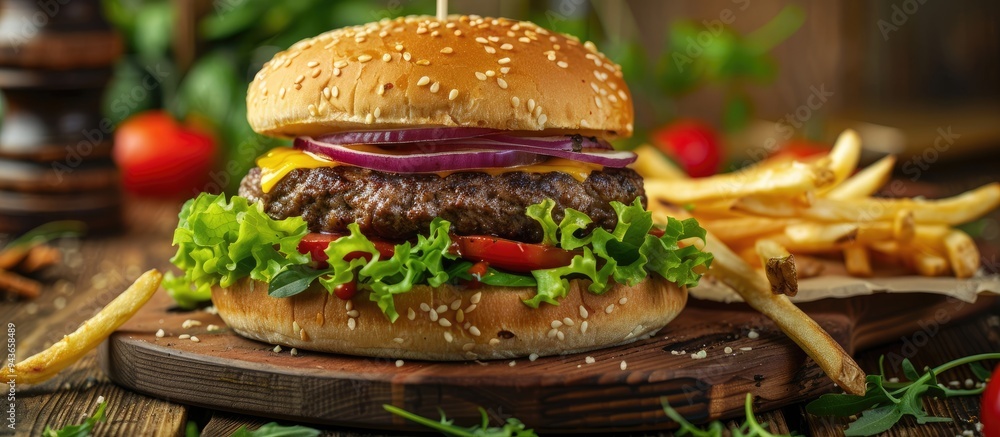 Poster Beef burger or cheeseburger in a wooden container. with copy space image. Place for adding text or design