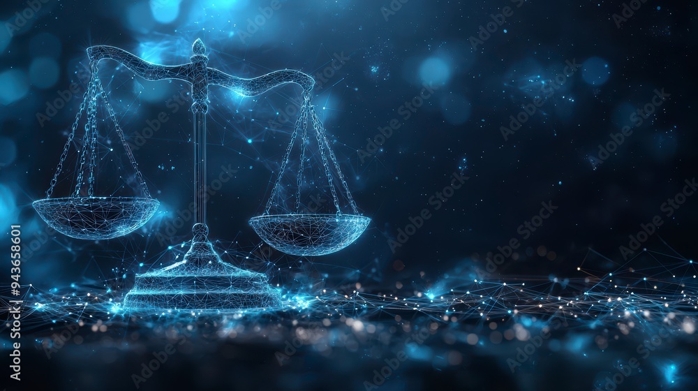 Poster the digital scales of justice against the backdrop of data and code symbolize the rule of law in the