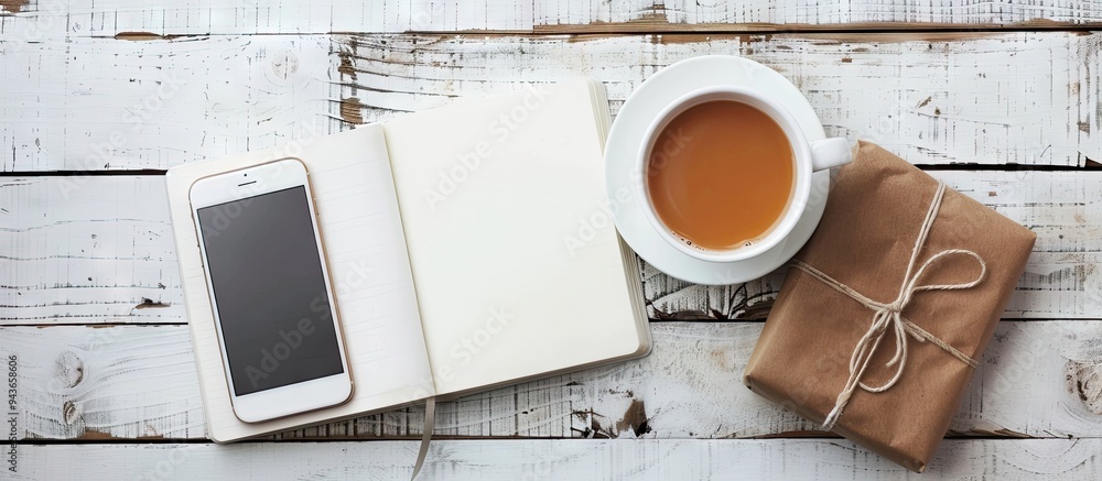 Poster Open notebook with a blank page a cup of coffee a blank phone and a gift box arranged on a white wooden table Top view image. with copy space image. Place for adding text or design