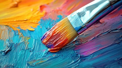 Fototapeta premium Paintbrush dipped in vibrant paint, with a focus on color and texture, Creative, Bright, Detailed