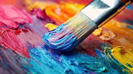 Fototapeta premium Paintbrush dipped in vibrant paint, with a focus on color and texture, Creative, Bright, Detailed