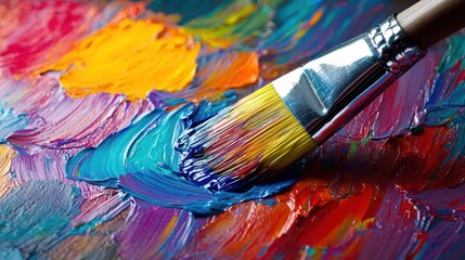 Obraz premium Paintbrush dipped in vibrant paint, with a focus on color and texture, Creative, Bright, Detailed
