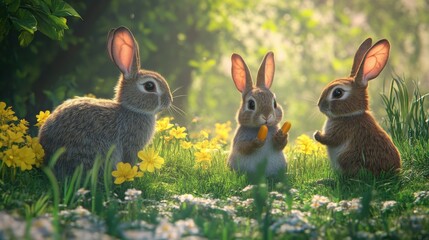 Rabbits participating in a wellness meeting in a peaceful meadow, discussing nutrition and exercise.