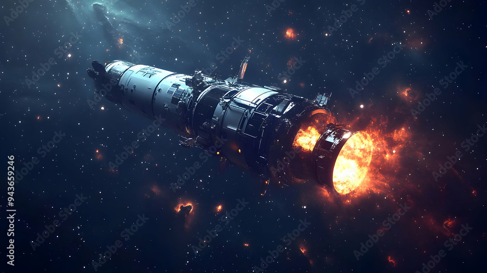 Poster a futuristic spaceship in space with flames erupting from its engine.