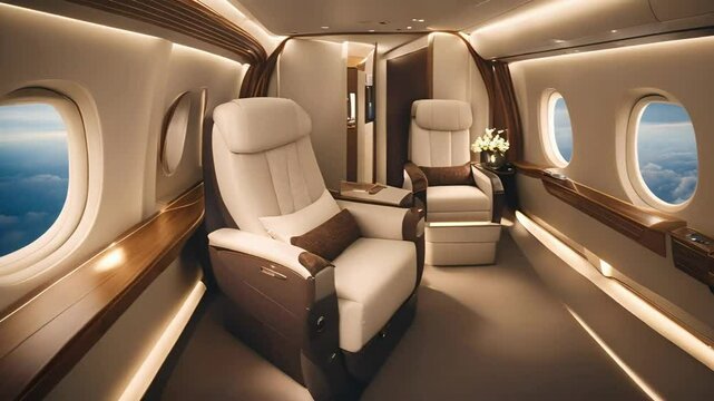 Amidst the luxury and exclusivity of a private jet, business flight, Interior of private luxury business aircraft arranged with several empty leather seats and couches, stock video, seamless loopig	
