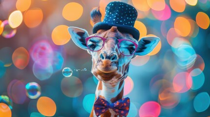 Fototapeta premium A giraffe wearing a bow tie and glasses is the main subject of the image