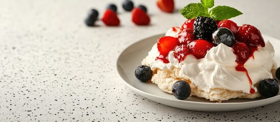 Homemade Pavlova on a plate with one piece taken placed on a speckled countertop. with copy space image. Place for adding text or design