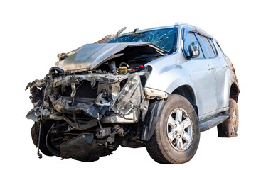 Front and side view of white car get hard damaged by accident on the road. chapped cars after...