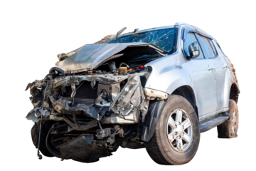 Front and side view of white car get hard damaged by accident on the road. chapped cars after collision. isolated on transparent background, broken car, PNG File