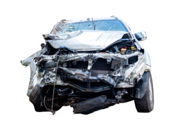 Front view of white car get hard damaged by accident on the road. chapped cars after collision. isolated on transparent background, broken car, PNG File