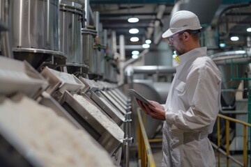 Food industry worker inspects flour mill production line.