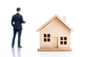 A wooden house model in focus with a businessman contemplating in the background, symbolizing real estate investment.