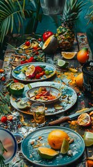 Tropical Cuisine Chaos Vibrant Leftover Dishes in Lush Jungle Setting