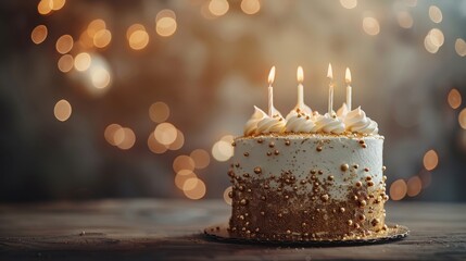 A cake with four candles on it, with a gold frosting and gold sprinkles