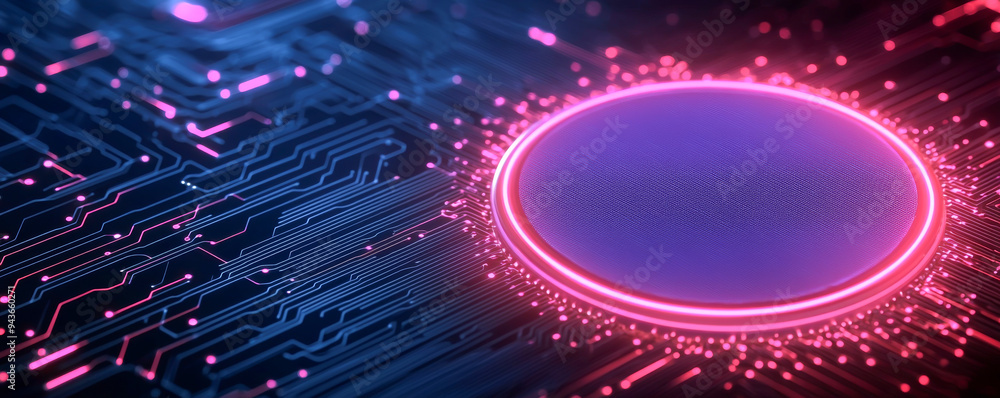 Poster abstract digital design featuring vibrant neon circuit patterns and glowing elements, ideal for tech