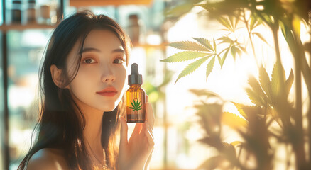 Beautiful Asian sexy woman holding a cannabis CBD oil bottle standing in a shop