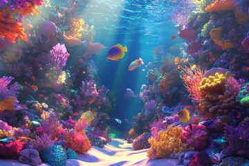 Vibrant underwater scene with colorful corals and tropical fish.