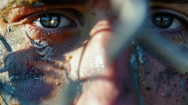 A man's face is closely framed, revealing deep emotions, while a chain link fence adds a layer of separation, hinting at confinement and longing in this compelling moment.
