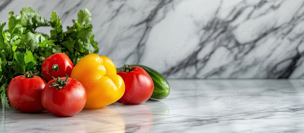 Fototapete vegetables on a marble surface. with copy space image. place for adding text or design