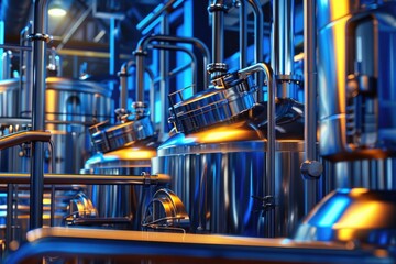 Stainless steel pipes and tanks in modern brewery production.