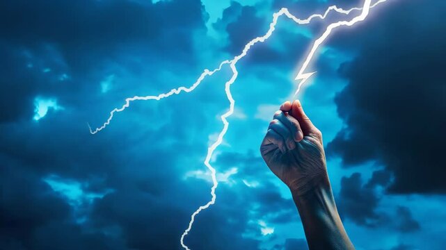 A hand grips a thunder bolt, capturing the dramatic intensity of a lightning storm illuminating the sky, showcasing nature's raw power and beauty in a stunning display.