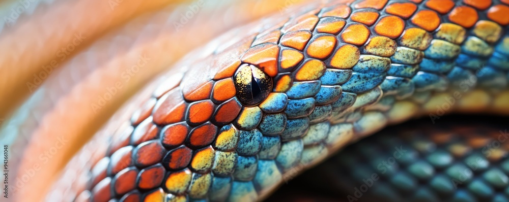 Poster close-up of a colorful garter snake's scales showcasing intricate patterns and vivid hues in a capti