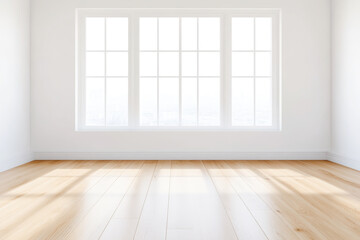 Fototapeta premium Bright and spacious room with large windows allowing natural light, featuring a clean wooden floor and minimalist design.