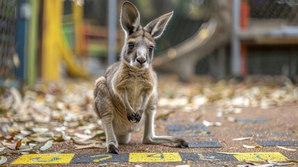 A kangaroo is standing on a yellow line with a black number 2 on it