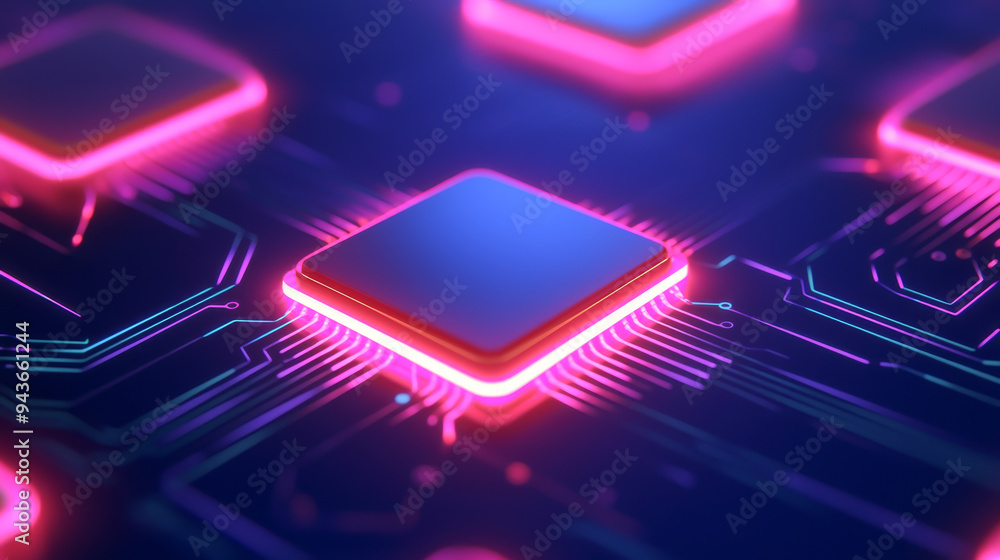 Poster close-up of a futuristic microchip with vibrant neon lights on a circuit board. ideal for technology