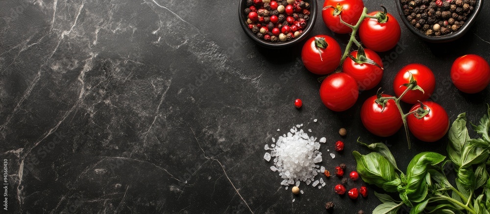 Poster Ingredients for preparing cherry tomatoes salt spices and herbs on a dark concrete surface. with copy space image. Place for adding text or design