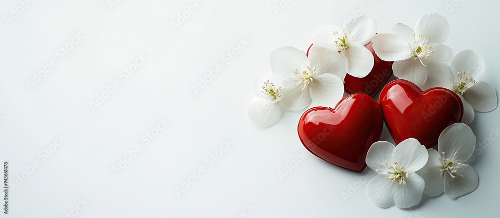 Poster Hearts and a white flower set against a white background Valentine s Day. with copy space image. Place for adding text or design