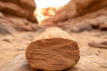 Close-up view of a log in a serene desert landscape, highlighting the natural textures and warm tones of the wood.
